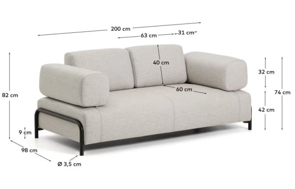 Диван 2-місний La Forma COMPO S58920BB12 Сірий 200 см-7
