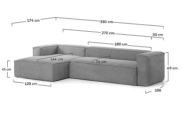 Кутовий диван 4-місний з лівим шезлонгом La Forma BLOK S572LN15 Сірий вельвет 330 см-12