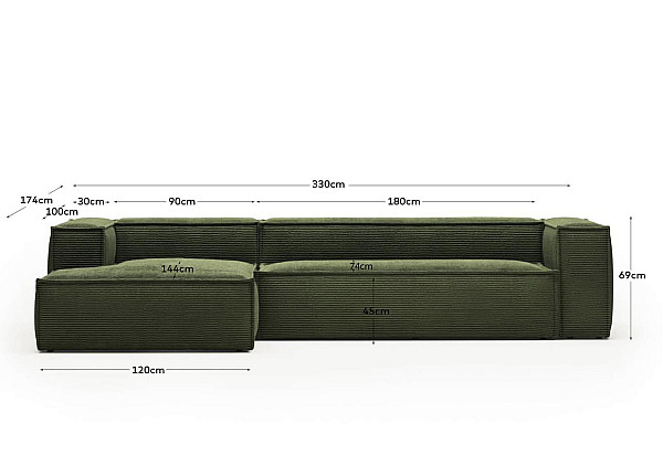 Угловой диван 4-местный с левым шезлонгом La Forma BLOK S572LN19 Зеленый вельвет 330 см-12