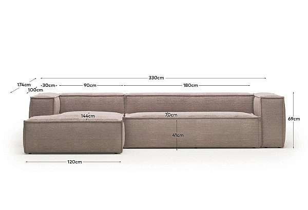 Угловой диван 4-местный с левым шезлонгом La Forma BLOK S572LN24 Розовый вельвет 330 см-13