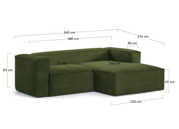Угловой диван 2-местный с правым шезлонгом La Forma BLOK S574LN19 Зеленый вельвет 240 см-12
