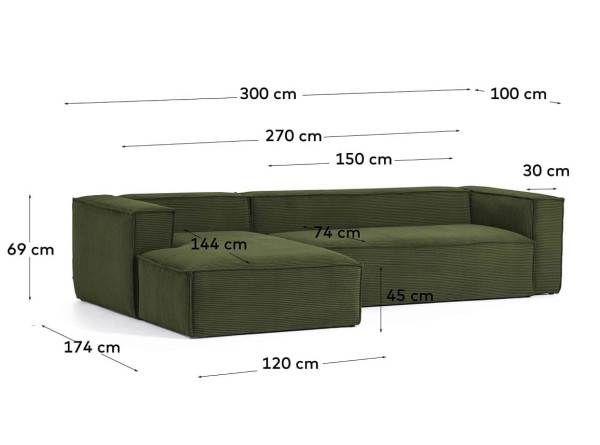 Угловой диван 3-местный с левым шезлонгом La Forma BLOK S751LN19 Зеленый вельвет 300 см-12