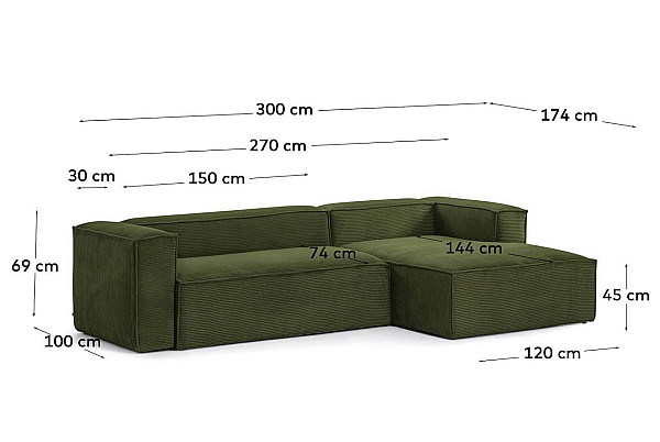 Кутовий 3-місний диван з правим шезлонгом La Forma BLOK S752LN19 Зелений вельвет 300 см-11