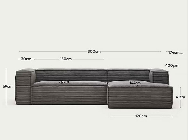 Угловой диван 3-местный с правым шезлонгом La Forma BLOK S752LN15 Серый вельвет 300 см-10