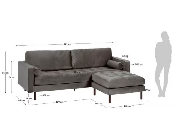 Диван 3-місний з підставкою для ніг La Forma BOGART S664JU03 Сірий оксамит 222 см-10