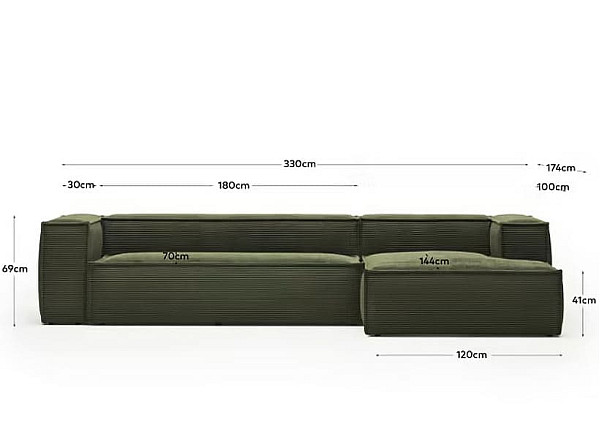 Угловой диван 4-местный с правым шезлонгом La Forma BLOK S573LN19 Зеленый вельвет 330 см-8