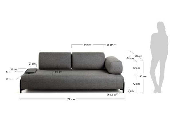 Диван 3-местный с подносом La Forma COMPO S588BB0 Темно-серый-5
