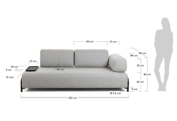 Диван 3-місний з підносом La Forma COMPO S588BB14 Світло-сірий-6