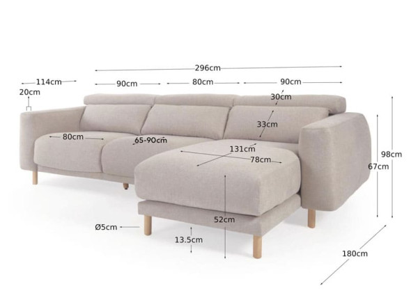 Угловой диван реклайнер 3-местный с правым шезлонгом La Forma SINGA S800_40_SO12 Бежевый-11