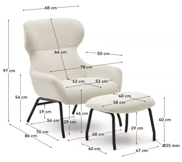 Крісло з підставкою для ніг La Forma BELINA S0900003J33 Білий букле Крісло з підставкою для ніг La Forma BELINA S0900003J33 Білий букле-8