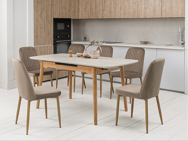 Керамічний стіл розкладний обідній Vetro Mebel TM-76 Травертін матовий-дуб-1