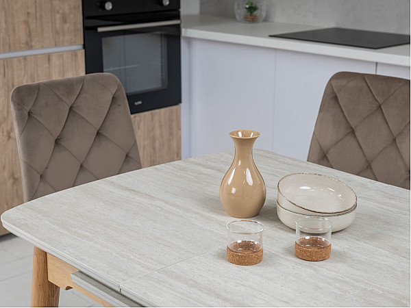 Керамічний стіл розкладний обідній Vetro Mebel TM-87-1 Травертін матовий - дуб-4