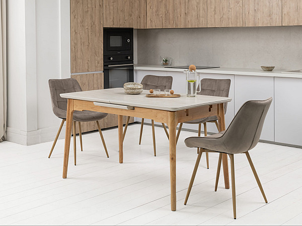 Керамічний стіл розкладний обідній Vetro Mebel TM-89 Травертін-дуб-2