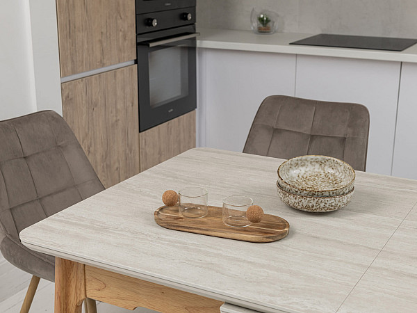 Керамічний стіл розкладний обідній Vetro Mebel TM-89 Травертін-дуб-8