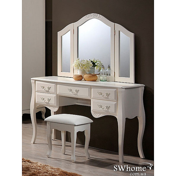 Будуарный столик + зеркало и пуф Domini Богемия Античный белый-0